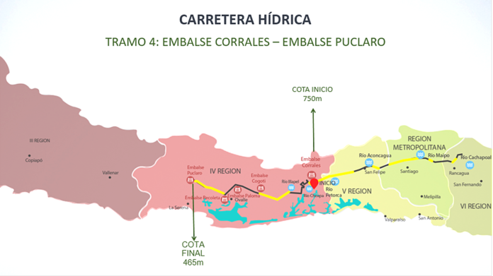 Imagen del Tramo 4 de la carretera hídrica que cruza por nuestra región, el cual es importante por dos razones: permitirá aumentar la superficie de riego en una zona donde su principal limitación está dada por la falta de agua, y permitirá darle una regulación anual al complejo Paloma, Recoleta y Cogotí, dando seguridad a las inversiones agrícolas en el largo plazo.