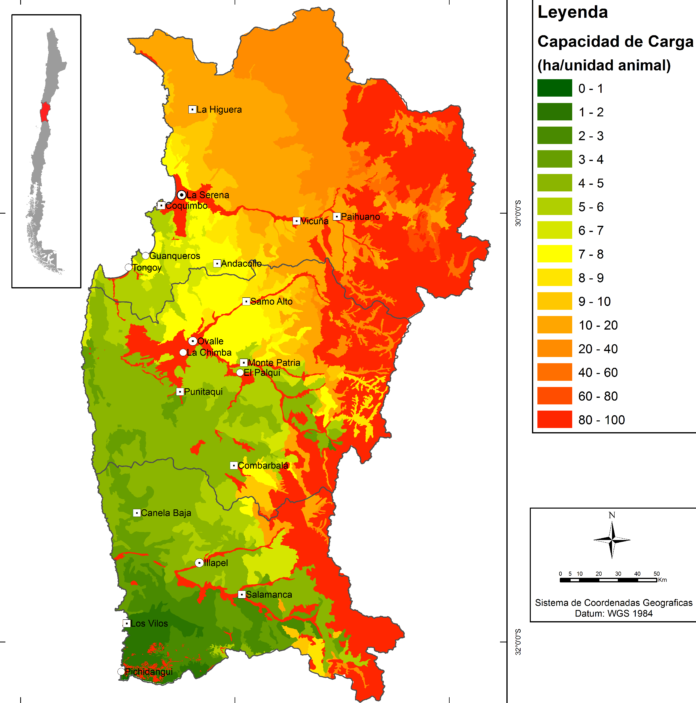 Mapa de la región de Coquimbo que muestra la capacidad de carga caprina en el territorio, expresada en hectáreas por unidad animal. (FOTO: CEDIDA)