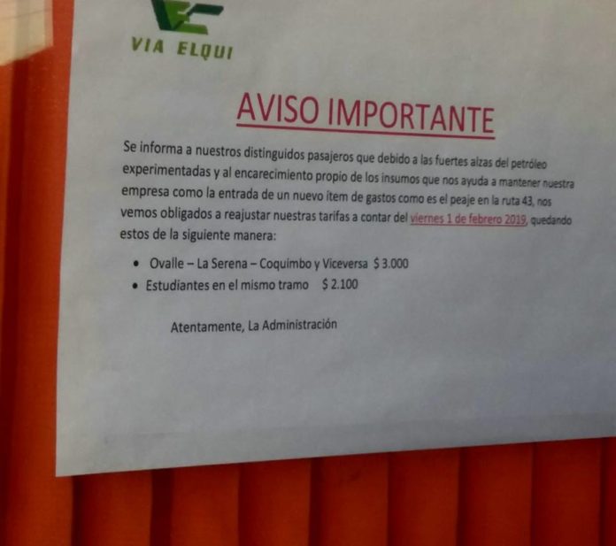 La empresa Vía Elqui también subirá el valor de sus pasajes a contar de este viernes 1 de febrero.