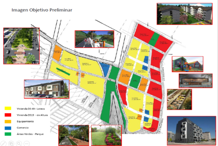 Así se pretende que sea el futuro barrio que se levante en los terrenos del ex Liceo Agrícola, el cual contempla parques, áreas verdes, comercios, y equipamientos varios. Además se muestran las diferentes tipologías de viviendas proyectadas.