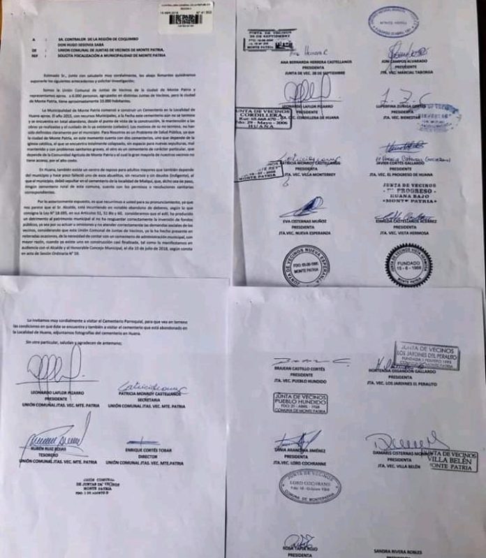 Imagen de la carta que fue presentada ante Contraloría y originó la actual polémica entre los vecinos de Monte Patria.