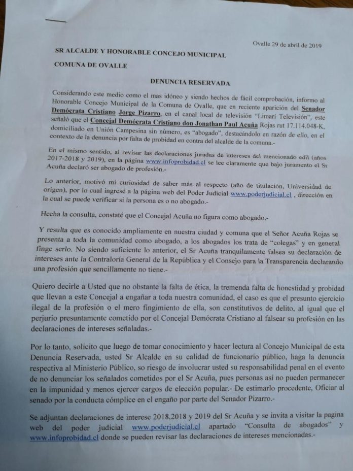 Esta es la carta anónima que llegó este martes al concejo municipal.