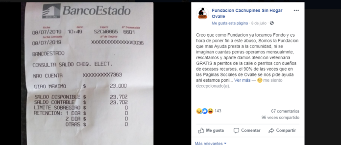 Sólo 23.702 pesos tenía este lunes en su cuenta bancaría la conocida fundación ovallina Cachupines sin Hogar. La cifra les preocupa y les angustia, aquello considerando que son cerca de 100 los perros que están bajo su protección y cuidado.