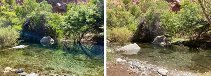 El antes y después de la destrucción de la pequeña presa, reflejando como el agua ya no se queda estacionada en un solo sector.